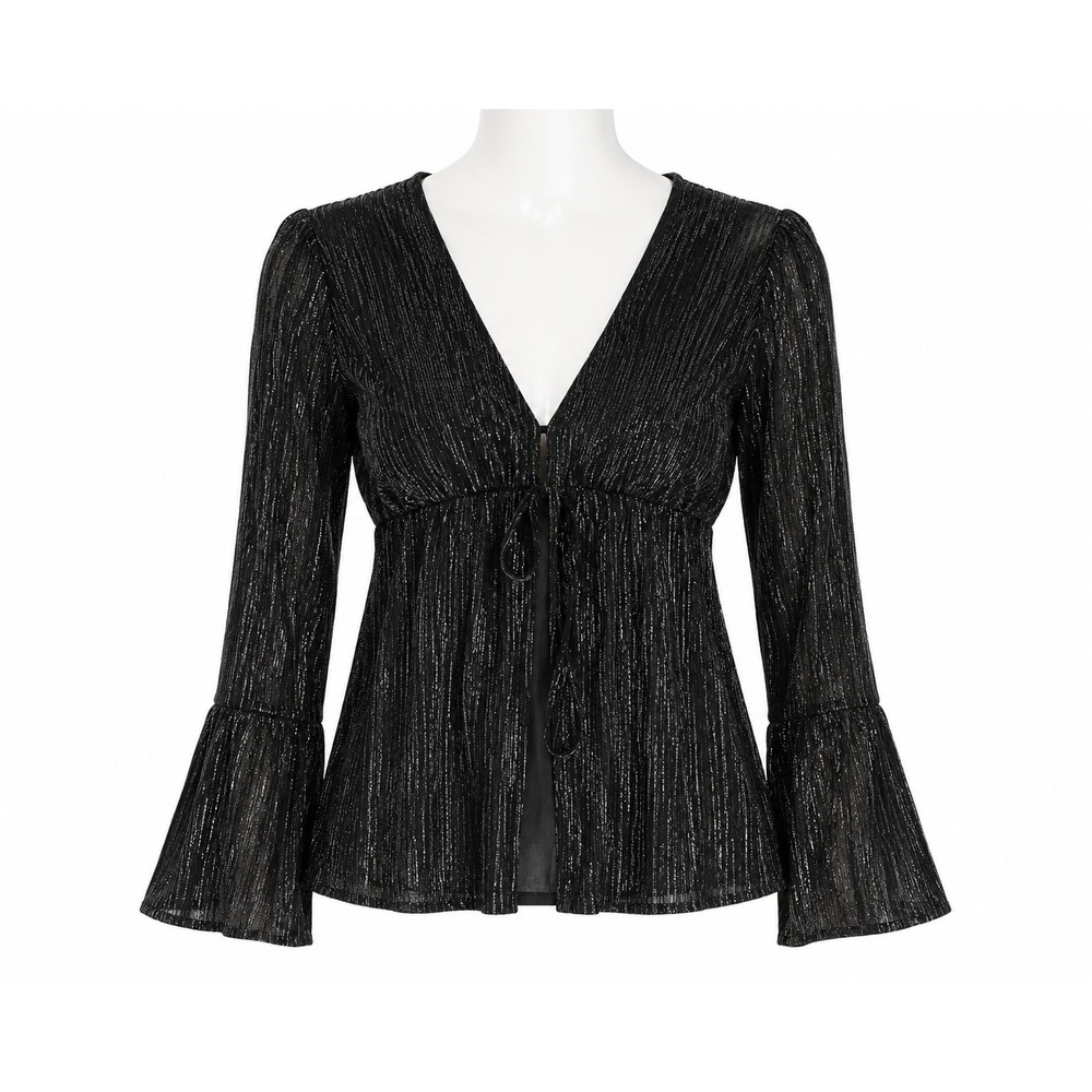 Y2K Gothic Grunge Coquette Top Metallic Pleated Tie Front Bell Sleeve Small